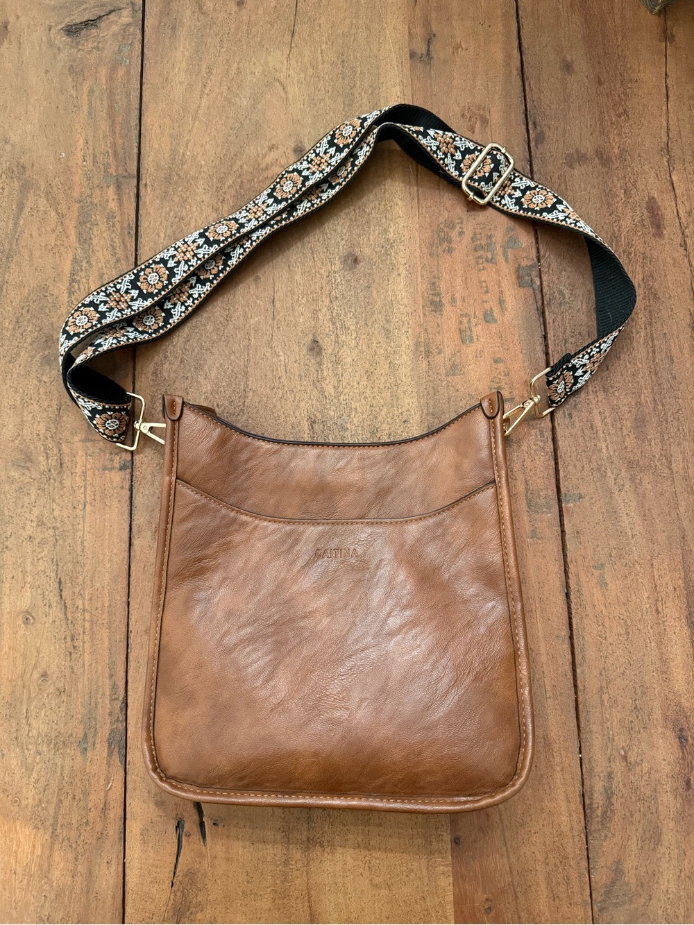 & Other Stories Cognac Leather Crossbody with Patterned Strap